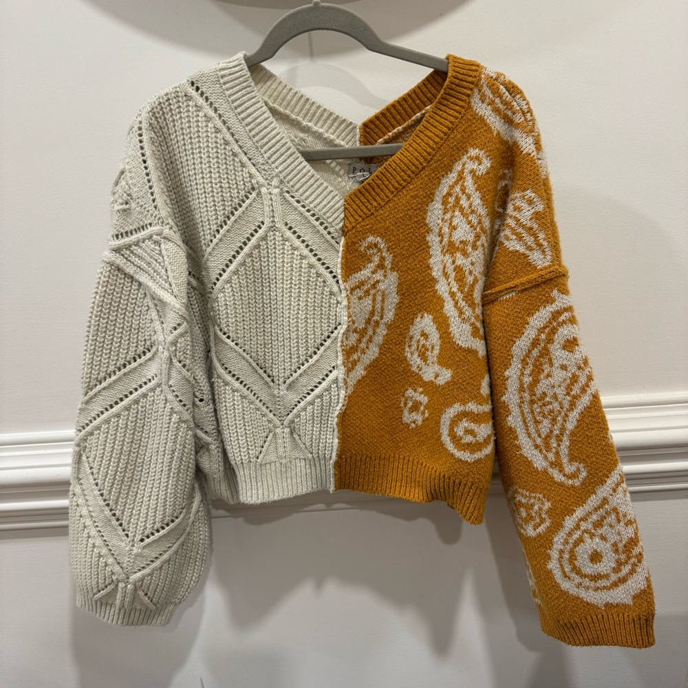 POL Cable Knit Quilting Patch V-Neck Contrast Sweater / Size L